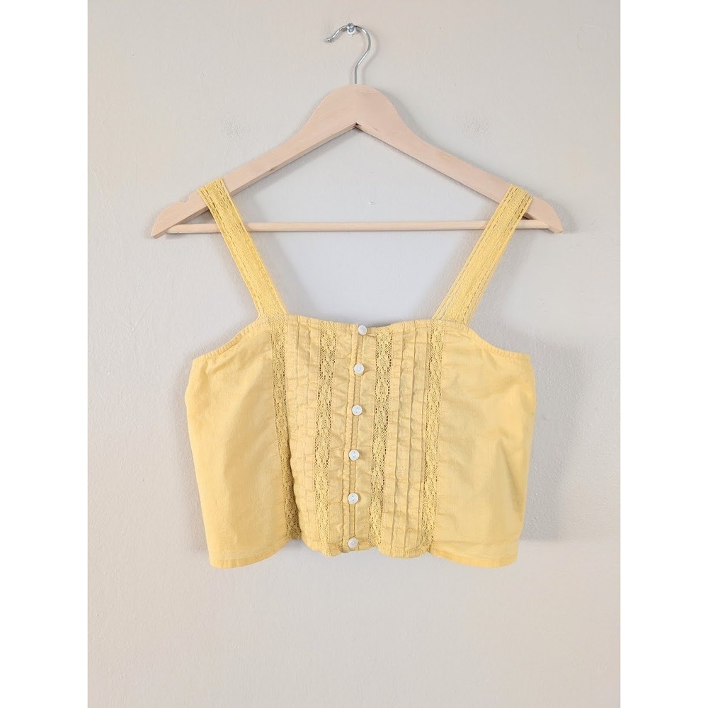 American Eagle Womens XS Yellow Lace Pintuck Button Front Crop Top Y2k‎ Cottage
